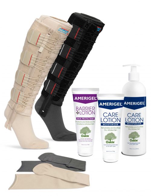Image of tan and black EXTREMIT-EASE Compression Garments, tan and gray EXTREMIT-EASE Garment Liners, tube of AMERIGEL Barrier Lotion, a tube of AMERIGEL Care Lotion, and a pump bottle of AMERIGEL Care Lotion, representing all options available with the the EXTREMIT-EASE Complete Compression and Skin Care Bundle.