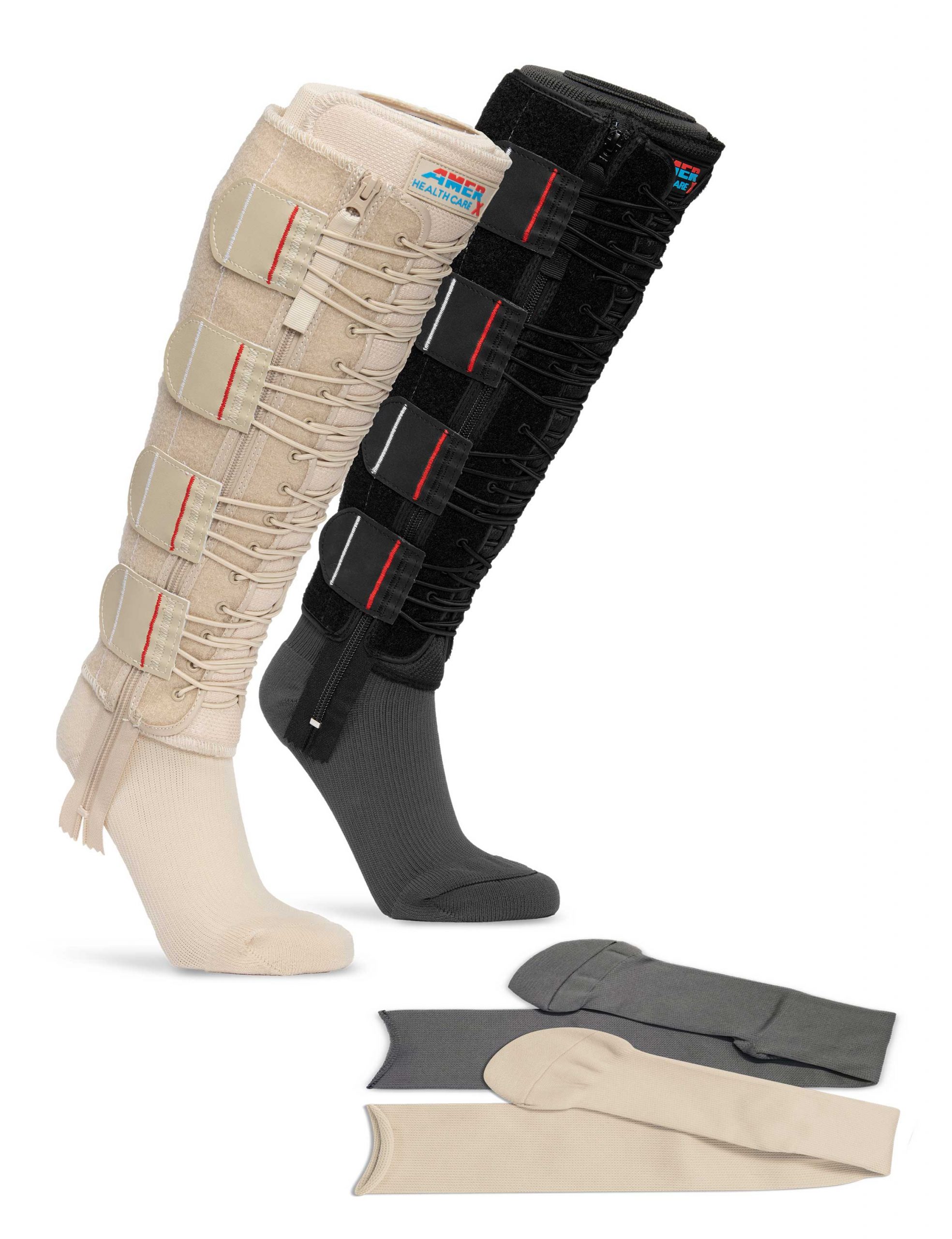 Image of tan and black EXTREMIT-EASE Compression Garments, tan and gray EXTREMIT-EASE Garment Liners, representing all options available with the the EXTREMIT-EASE Compression Therapy Starter Pack.
