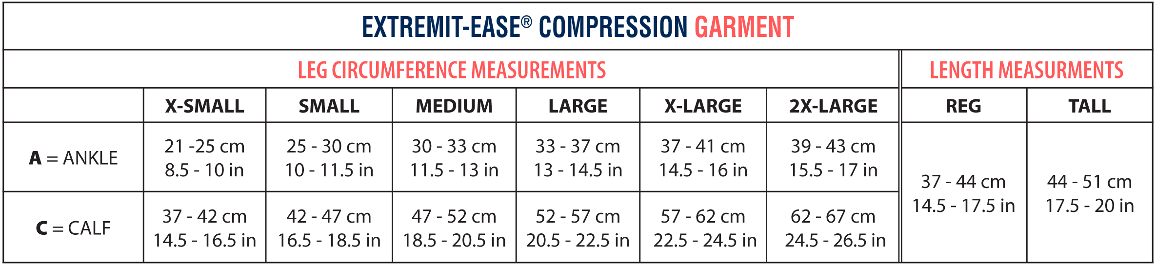 EXTREMIT-EASE Sizing Chart showing all measurements for extra small, small, medium, large, extra large, and extra-extra large sizes as well as tall and regular lengths