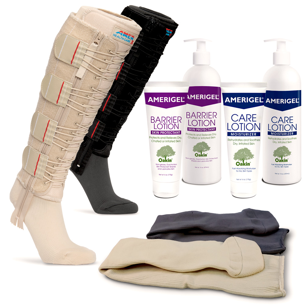 EXTREMIT-EASE Compression Garments with EXTREMIT-EASE Garment Liners, AMERIGEL Care Lotion, and AMERIGEL Barrier Lotion