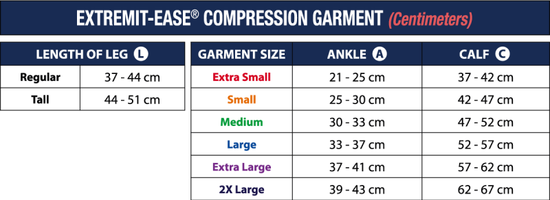 EXTREMIT-EASE sizing chart in centimeters
